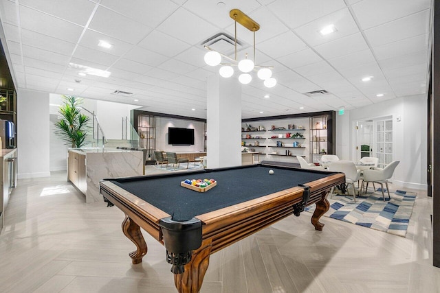 game room featuring a paneled ceiling, visible vents, baseboards, and pool table