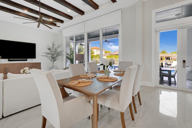 dining area with beam ceiling and ceiling fan