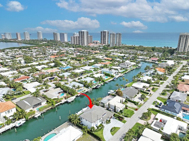 drone / aerial view featuring a water view