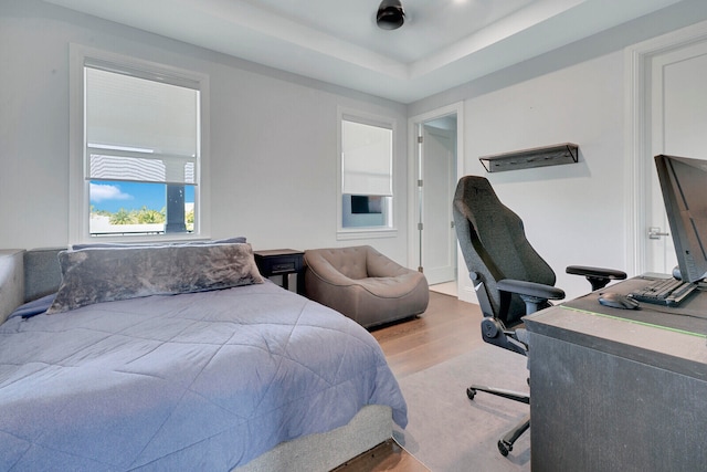 bedroom featuring hardwood / wood-style floors and a raised ceiling