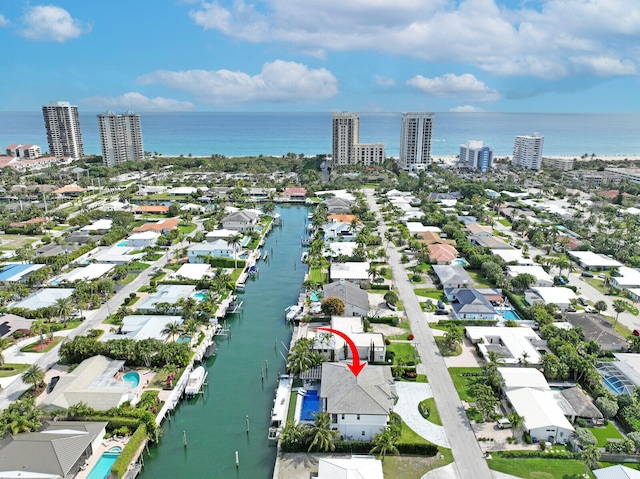 aerial view featuring a water view