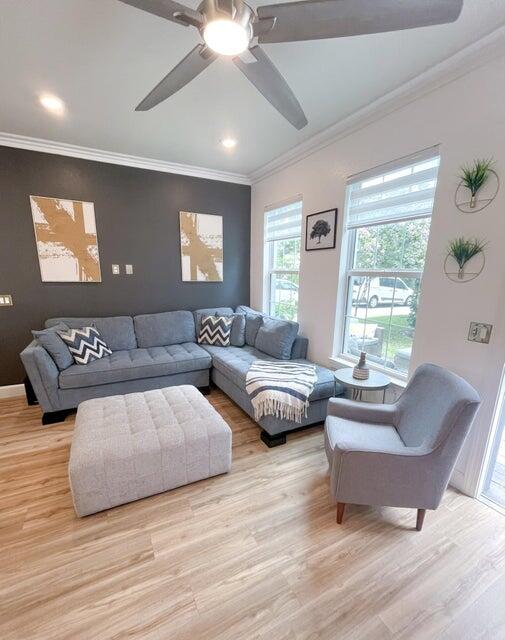 living room featuring crown molding, ceiling fan, and light hardwood / wood-style floors