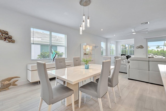 dining area featuring ceiling fan, a healthy amount of sunlight, and light hardwood / wood-style floors