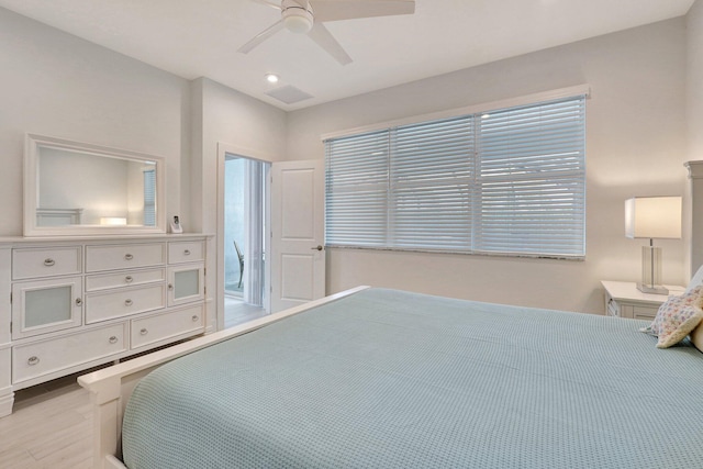 bedroom featuring light hardwood / wood-style flooring and ceiling fan