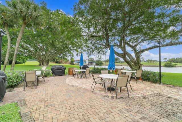 view of patio / terrace featuring grilling area and a water view