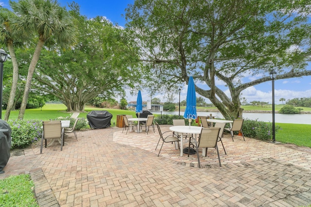 view of patio / terrace featuring a water view and outdoor dining space