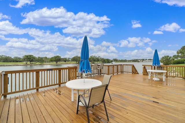 deck featuring a water view