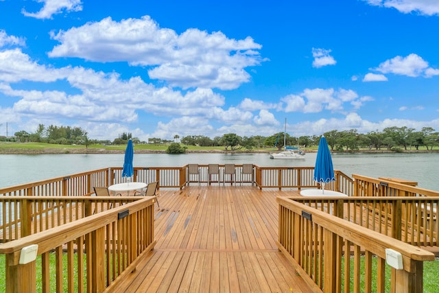 view of dock with a deck with water view