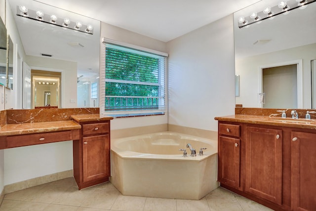 bathroom featuring separate shower and tub, tile patterned floors, and vanity