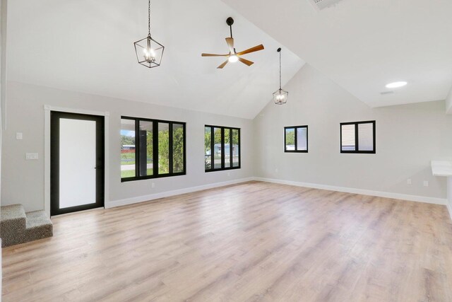 unfurnished living room featuring high vaulted ceiling, ceiling fan, plenty of natural light, and light hardwood / wood-style floors