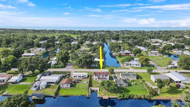 bird's eye view with a water view