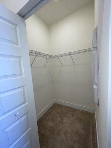 walk in closet with dark carpet