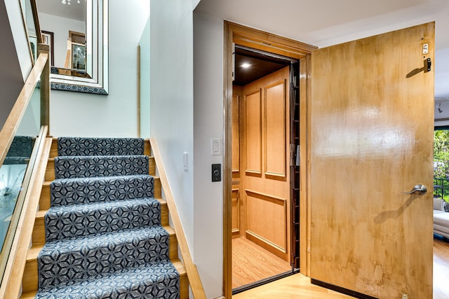 stairway with wood-type flooring