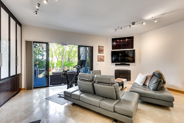 living room featuring track lighting