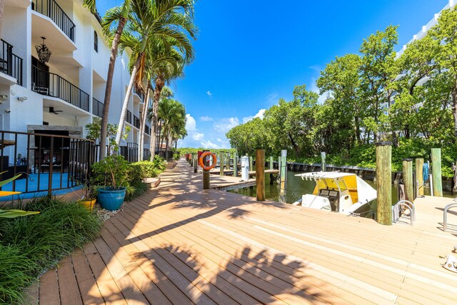 wooden terrace with a boat dock and a water view