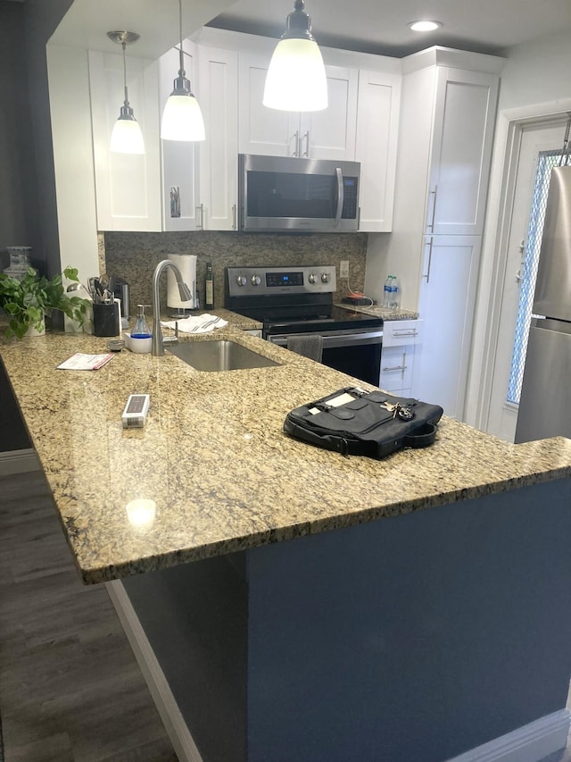 108 NE 20th Ave Unit 205, Boynton Beach, FL 33435 - kitchen featuring appliances with stainless steel finishes, decorative backsplash, a peninsula, a sink, and dark wood-style flooring