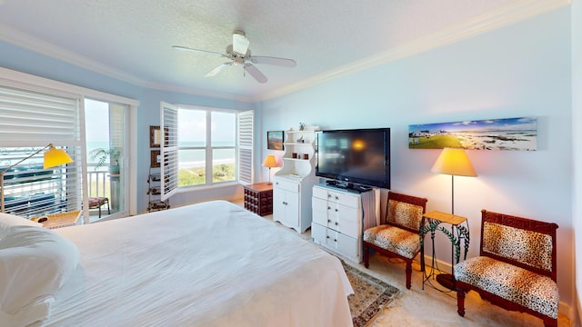 bedroom featuring crown molding, a textured ceiling, and ceiling fan