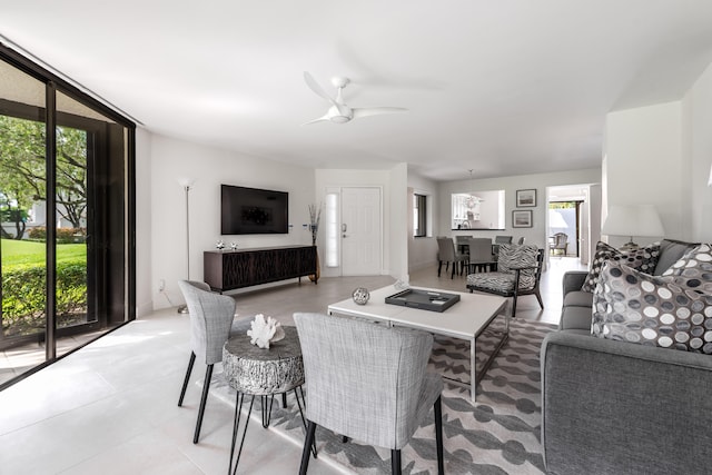 living room featuring ceiling fan