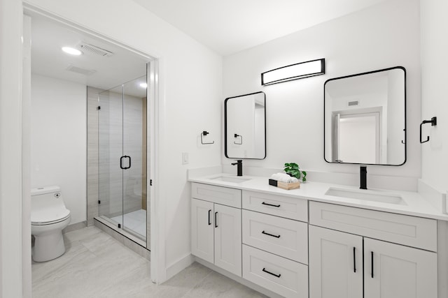 full bathroom featuring a stall shower, toilet, visible vents, and a sink