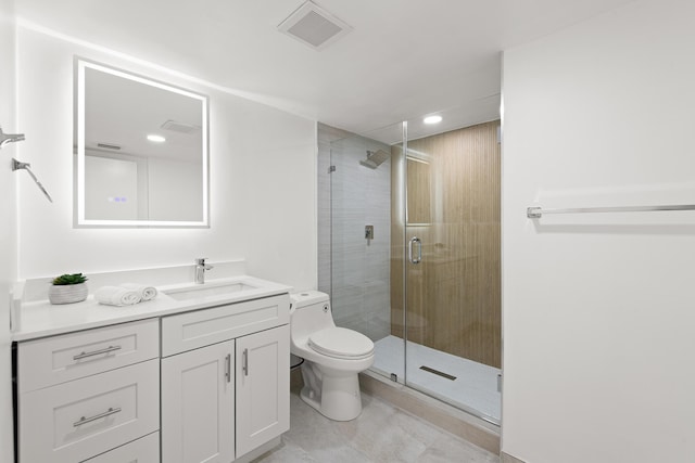 full bathroom with vanity, visible vents, recessed lighting, a stall shower, and toilet