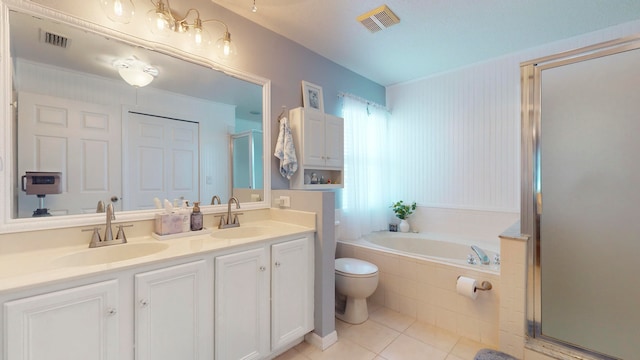 full bathroom with vanity, toilet, tile patterned floors, and plus walk in shower