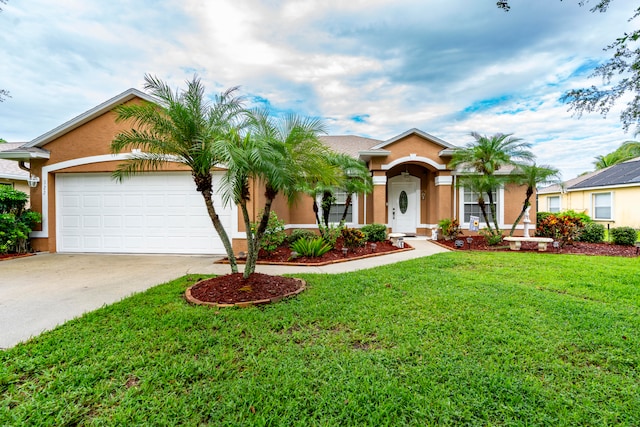 single story home featuring a front yard and a garage