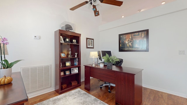 office area featuring ceiling fan and hardwood / wood-style flooring