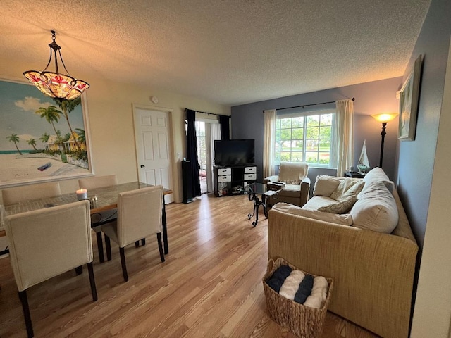 living area featuring light wood finished floors and a textured ceiling