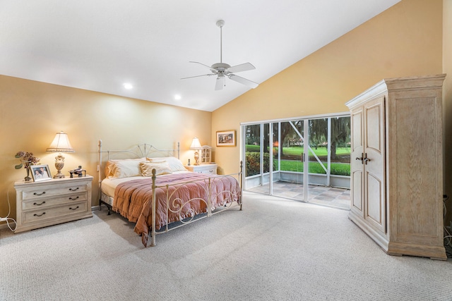 bedroom with high vaulted ceiling, ceiling fan, access to exterior, and light carpet