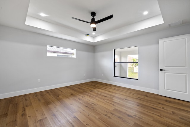 spare room featuring a healthy amount of sunlight, a tray ceiling, baseboards, and wood finished floors