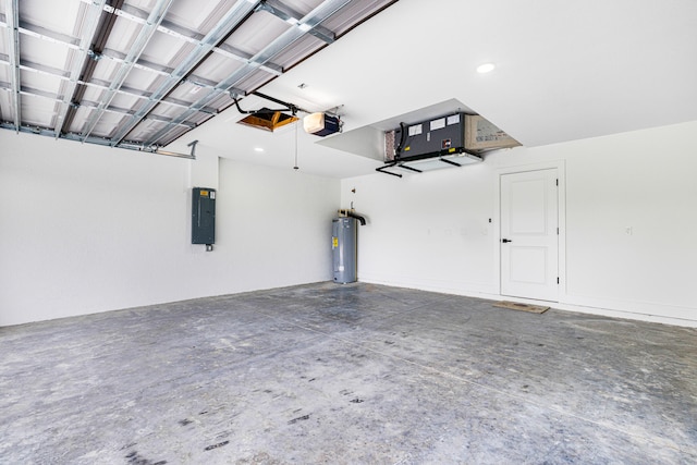 garage featuring a garage door opener, electric panel, and water heater