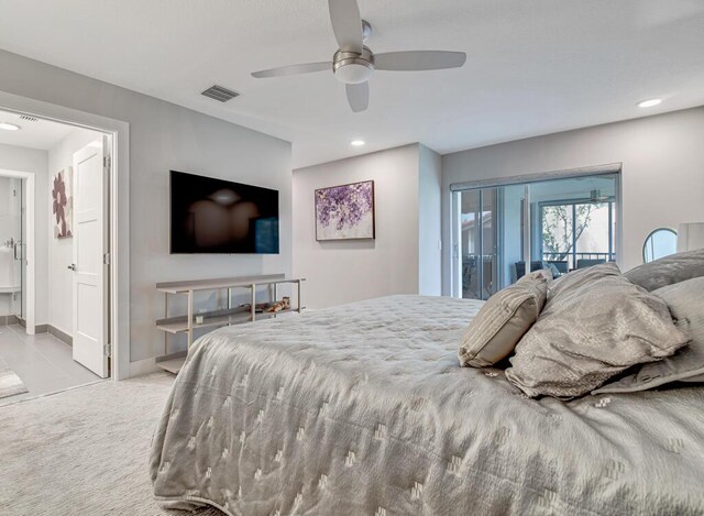 carpeted bedroom featuring access to exterior and ceiling fan