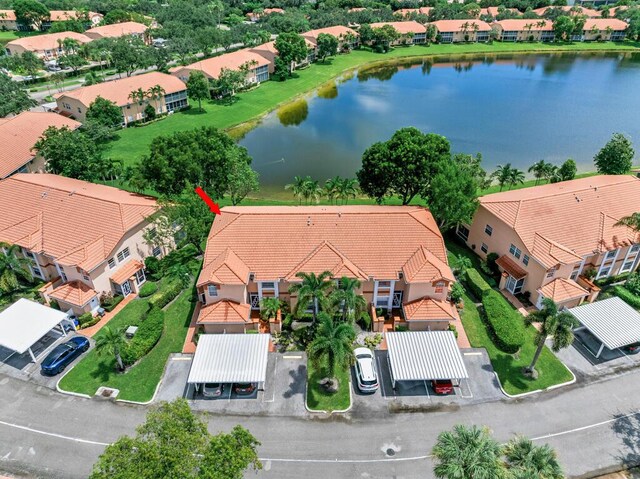 bird's eye view with a water view