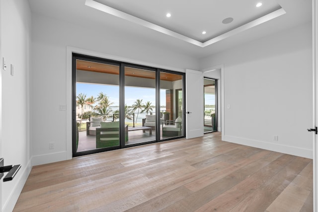 empty room featuring light hardwood / wood-style flooring and a raised ceiling