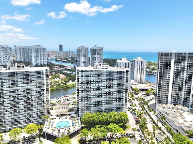 birds eye view of property featuring a water view