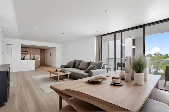 dining space featuring a wall of windows and light hardwood / wood-style floors