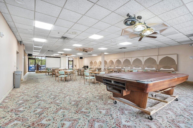 recreation room with light carpet, a paneled ceiling, billiards, and ceiling fan