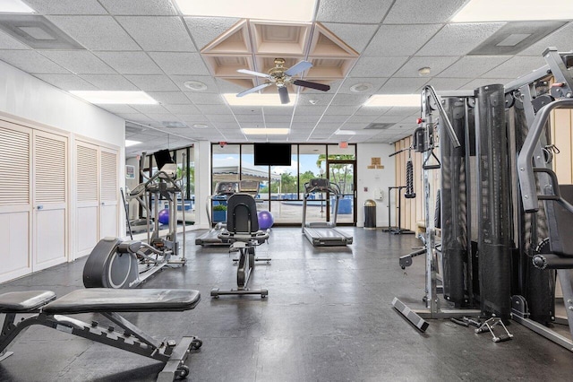 workout area featuring a drop ceiling, a wall of windows, and ceiling fan