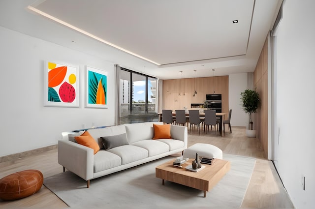 living room with a tray ceiling and light hardwood / wood-style flooring