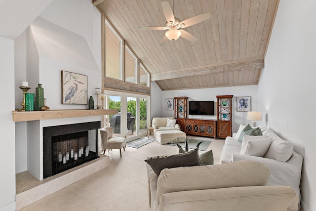 living room with ceiling fan, light tile patterned floors, beam ceiling, high vaulted ceiling, and wooden ceiling