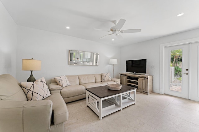 living room with ceiling fan