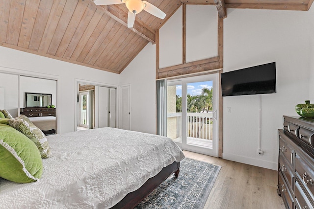 bedroom featuring access to outside, ceiling fan, beam ceiling, high vaulted ceiling, and light hardwood / wood-style floors