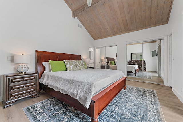 bedroom with beam ceiling, wooden ceiling, high vaulted ceiling, and light hardwood / wood-style floors