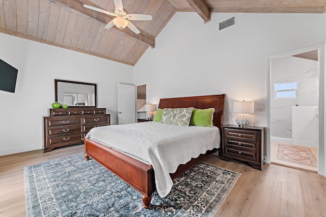 bedroom with wooden ceiling, lofted ceiling with beams, ceiling fan, and light hardwood / wood-style floors