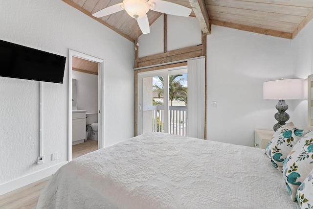 bedroom with light hardwood / wood-style flooring, vaulted ceiling with beams, ceiling fan, access to exterior, and wood ceiling