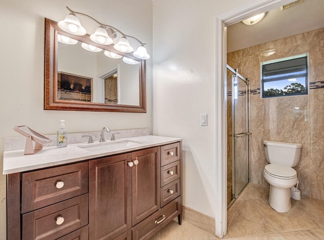 bathroom with walk in shower, toilet, and vanity