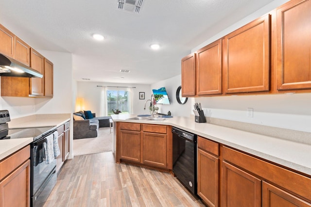 kitchen with kitchen peninsula, black appliances, light hardwood / wood-style floors, and sink