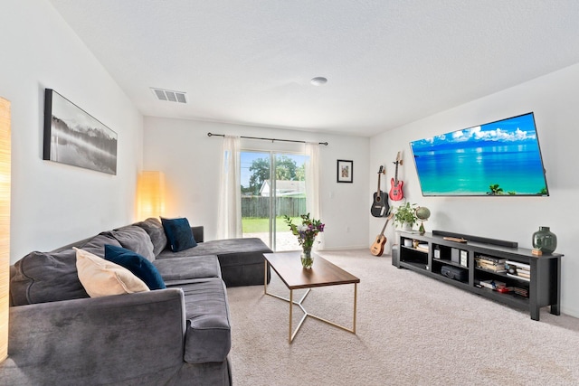 living room with a textured ceiling and carpet flooring