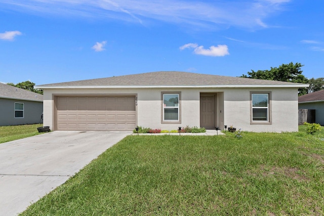 ranch-style house with a front yard and a garage