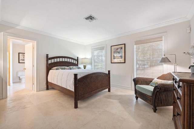 bedroom featuring ornamental molding, visible vents, and baseboards